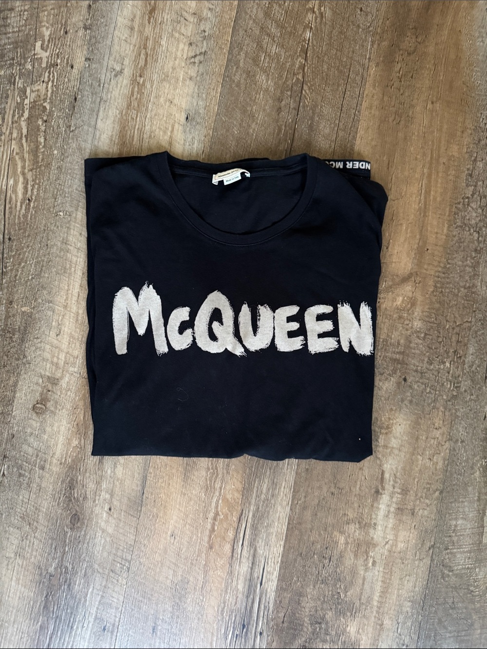 Alexander McQueen Black T-Shirt with Beige Brushstroke McQueen Logo